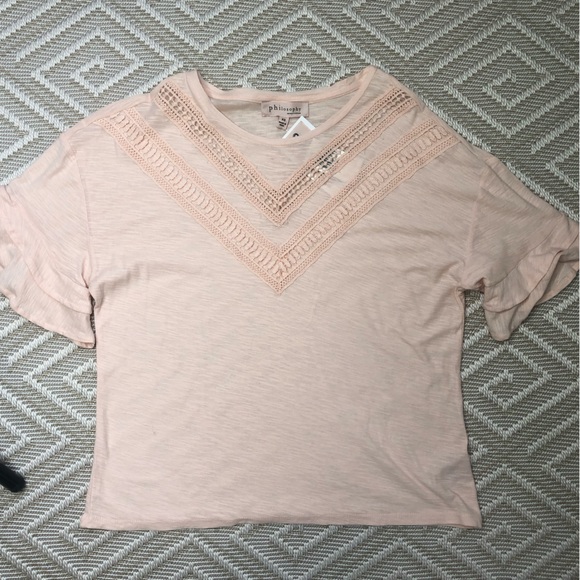 Philosophy Tops - Philosophy Ruffle Short Sleeve Top Crochet Pale Pink Size XS